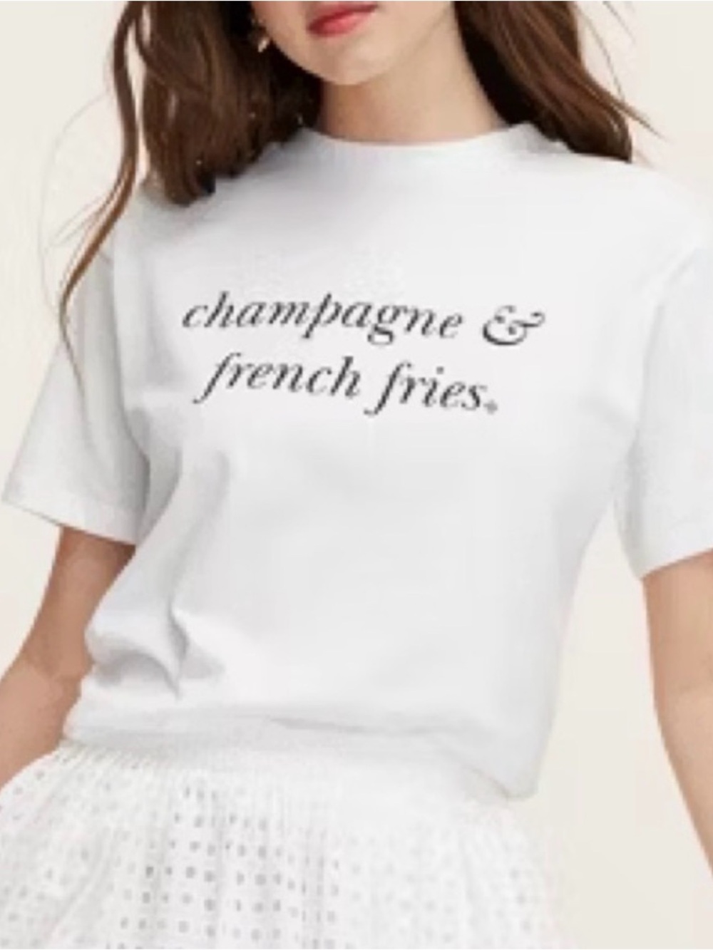 kate spade White Tee with Black Script "champagne & french fries"